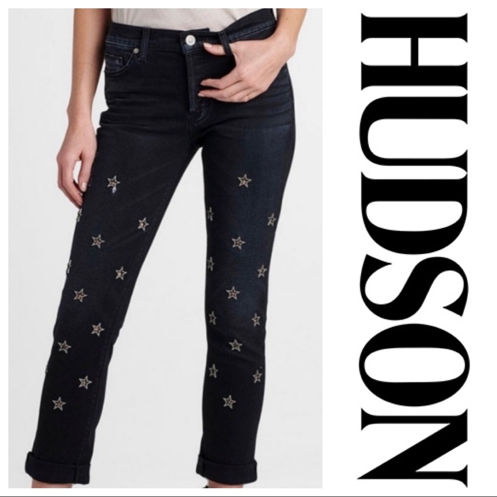 Hudson Riley Crop Relaxed Straight Star Black Jeans